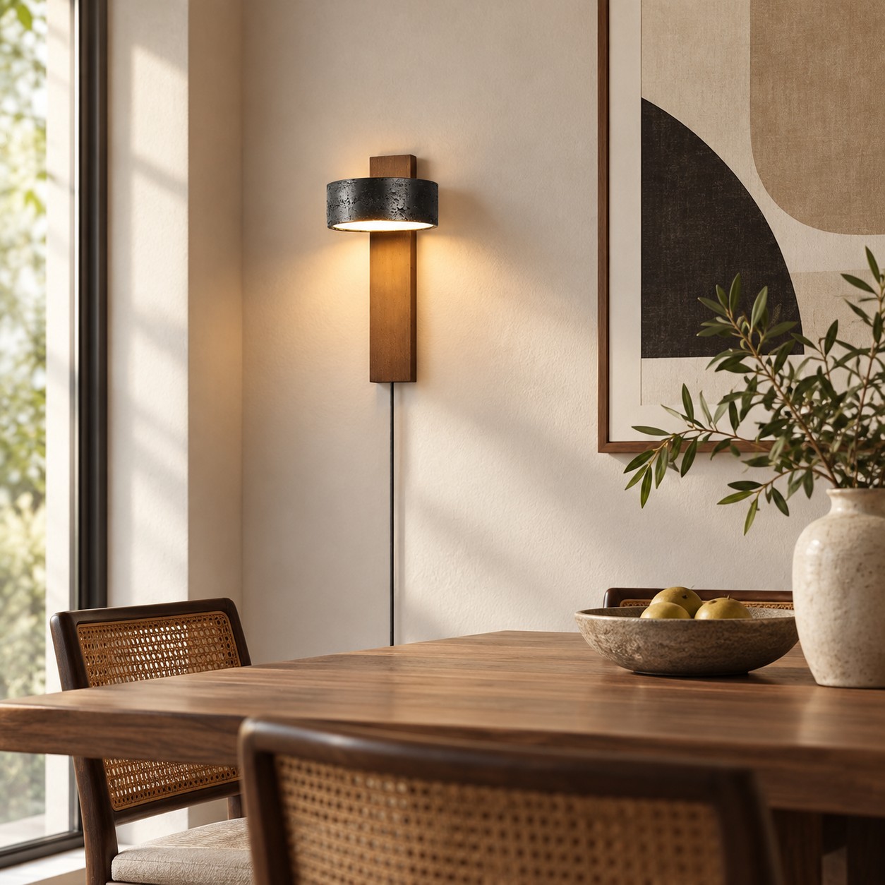 Aplique de pared de nogal y travertino negro sobre una mesa de comedor