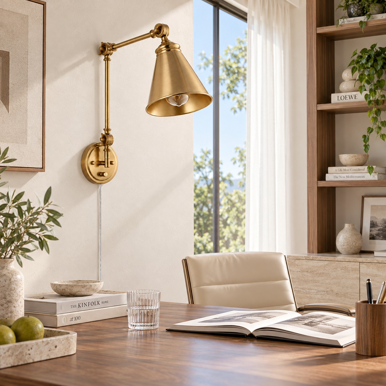 Gold swing-arm sconce above a home-office desk in daylight