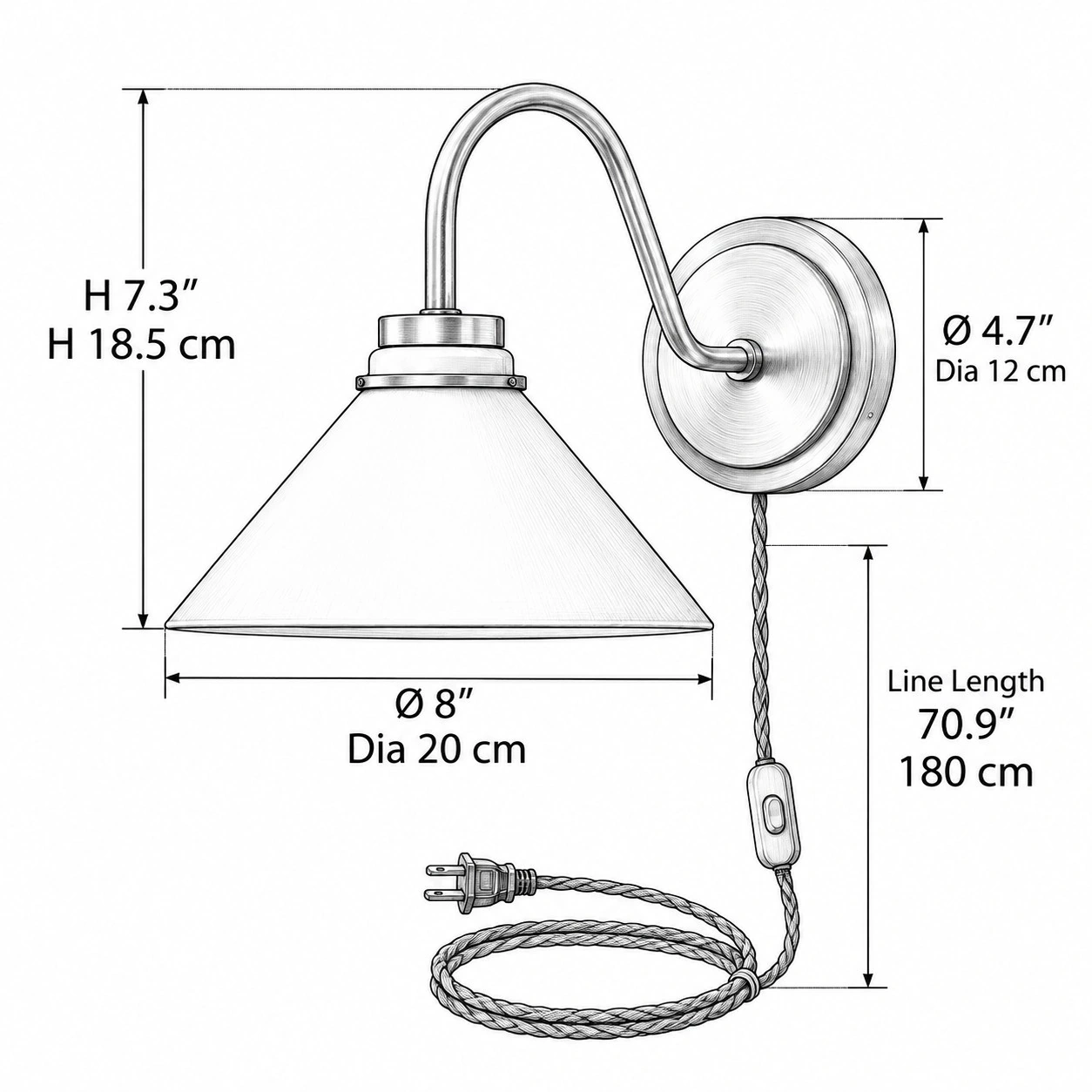 Ramię typu gęsia szyja · rysunek wymiarowy · Ø 20 cm · H 18.5 cm · Przewód 1.8 m