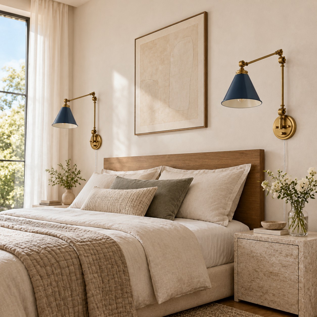 Two swing-arm sconces with blue cone shades flanking a bed in daylight