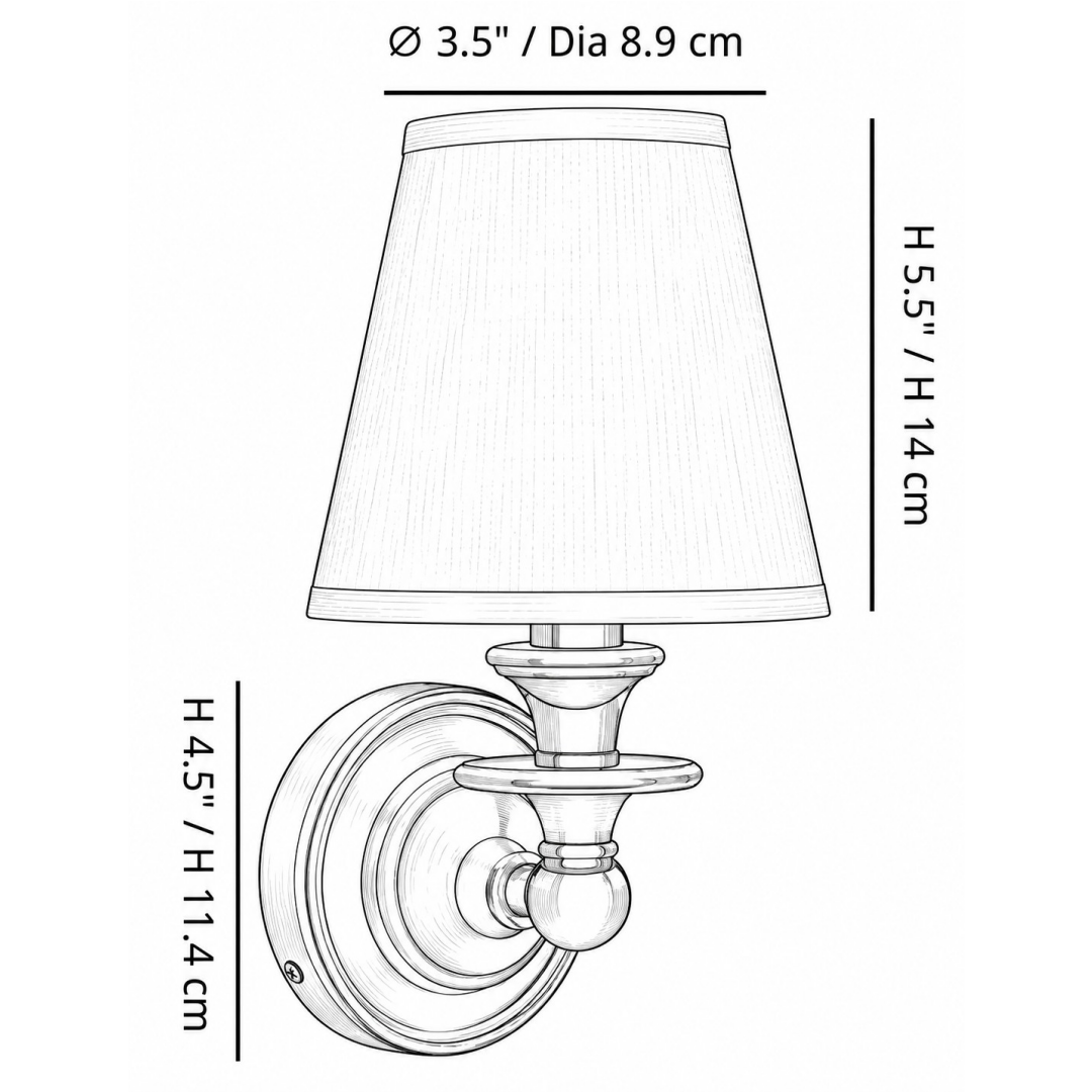 Disegno quotato: diametro superiore del paralume 3,5 pollici/8,9 cm, altezza complessiva 5,5 pollici/14 cm, altezza piastra posteriore 4,5 pollici/11,4 cm