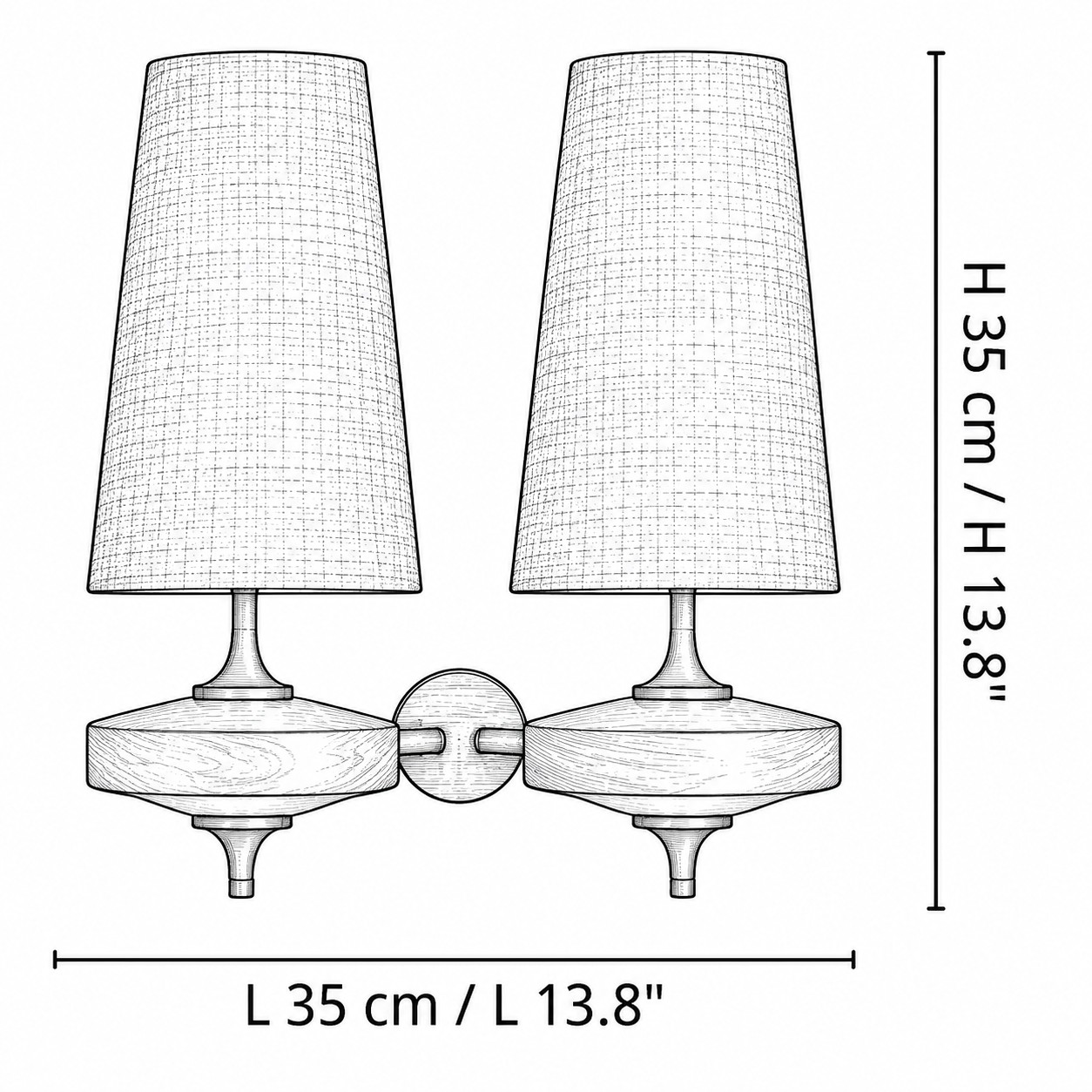 Disegno quotato dell'applique a due teste: L 35 cm / L 13,8 pollici, H 35 cm / H 13,8 pollici