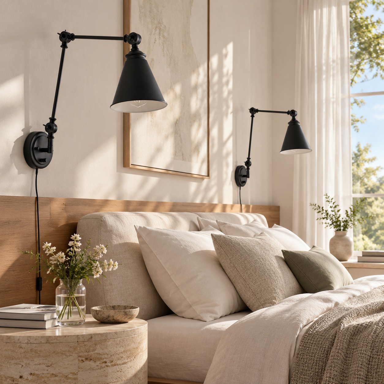 Two black swing-arm wall sconces flanking a bed in daylight
