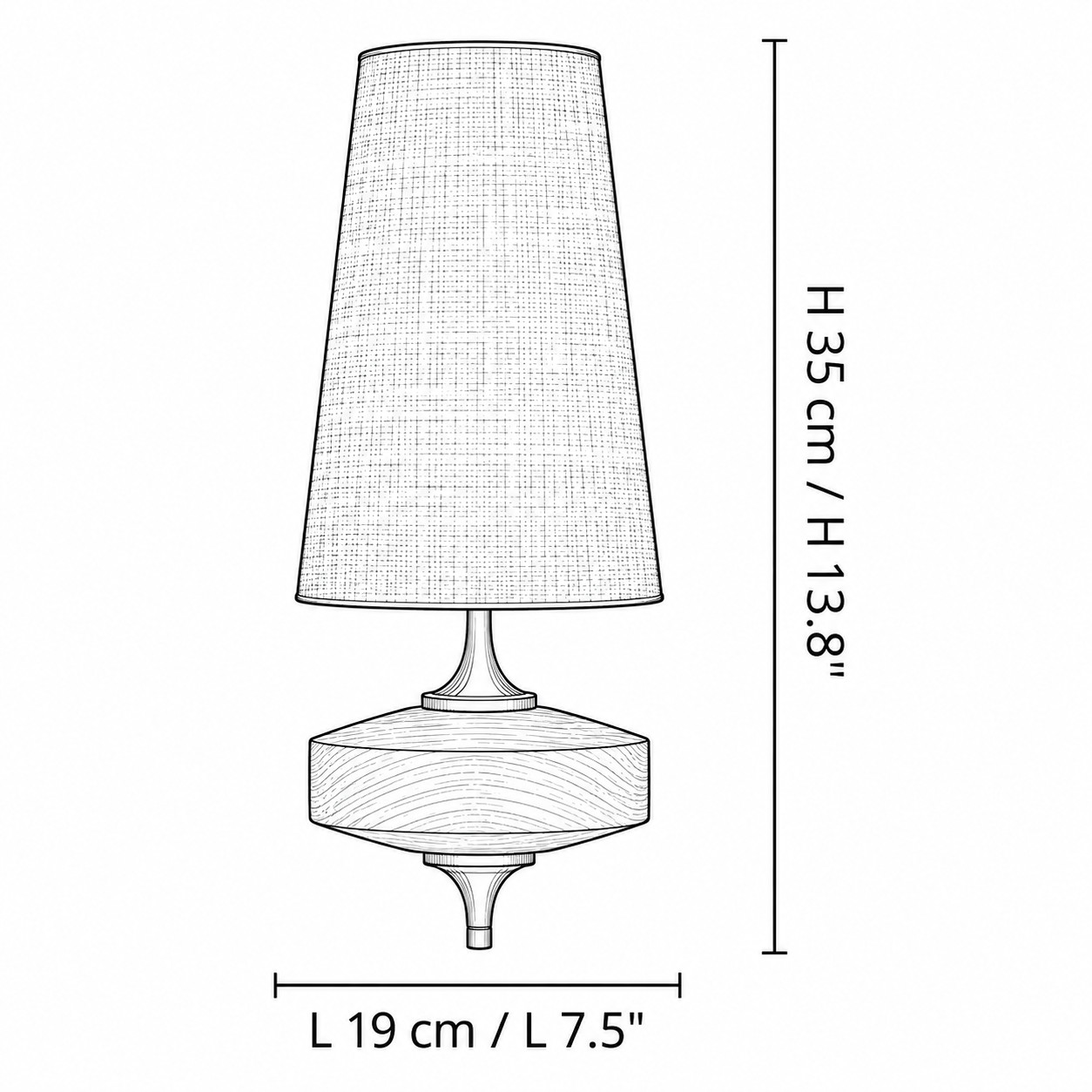 Disegno quotato dell'applique a una testa: L 19 cm / L 7,5 pollici, H 35 cm / H 13,8 pollici