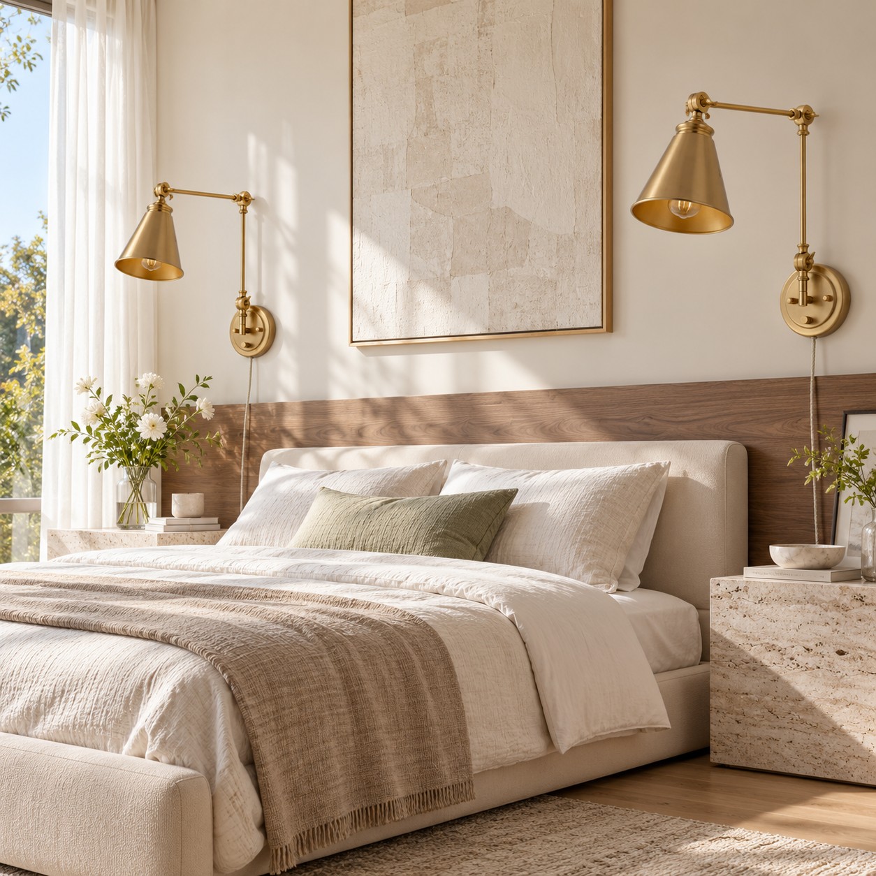 Two gold swing-arm wall sconces flanking a bed in daylight