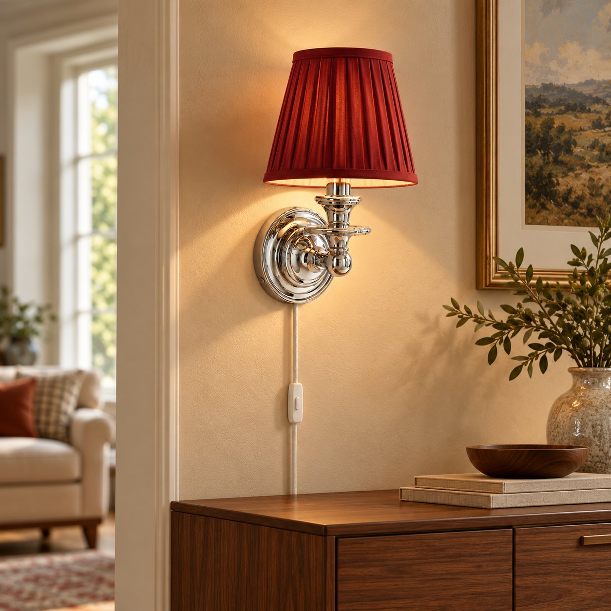 Applique con paralume plissettato rosso in soggiorno