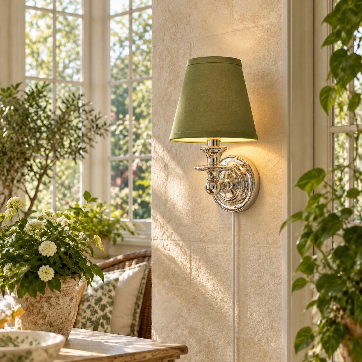 Lampadario verde in tinta unita in una veranda