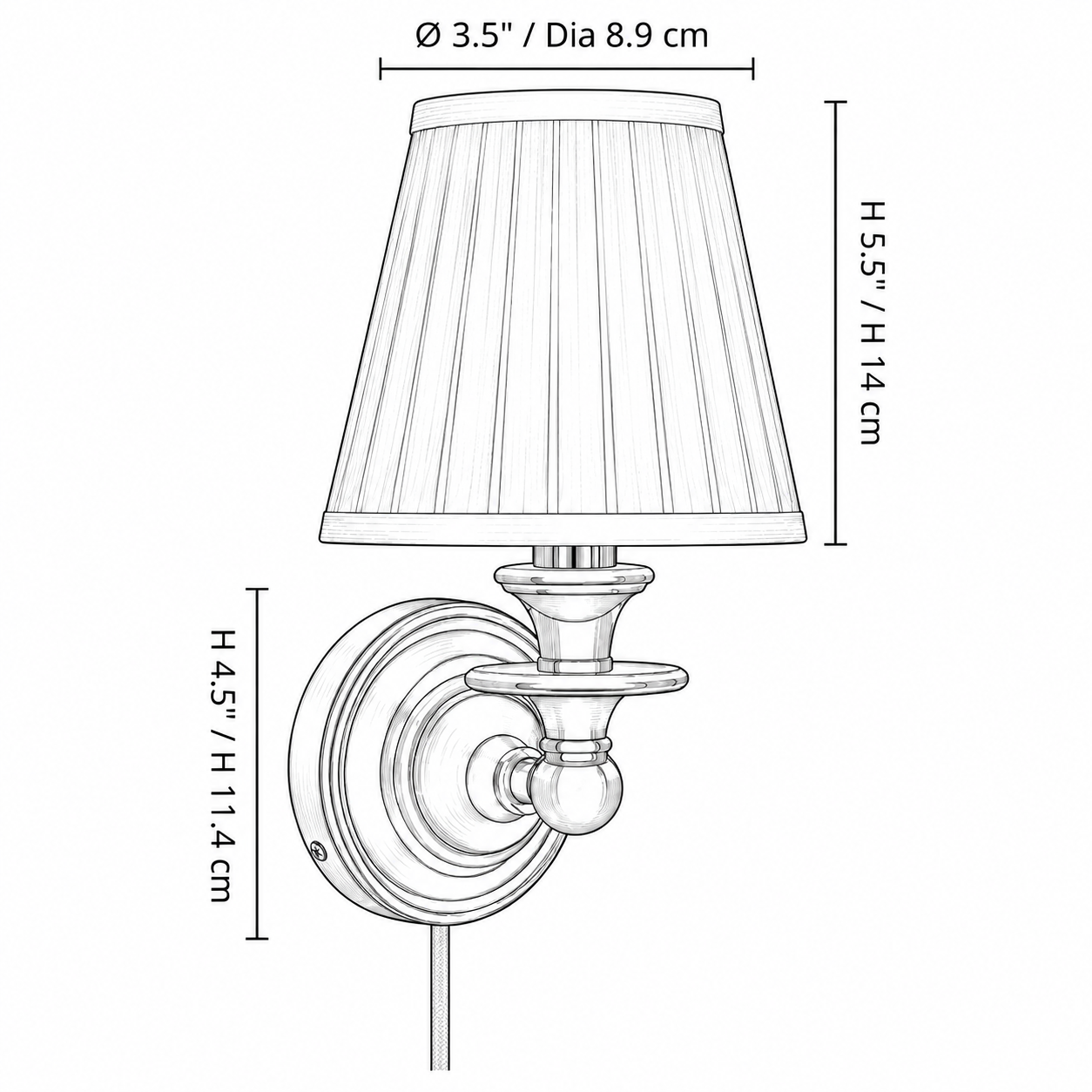 Disegno quotato: diametro superiore del paralume 3,5 pollici / 8,9 cm, altezza totale 5,5 pollici / 14 cm, altezza della piastra posteriore 4,5 pollici / 11,4 cm