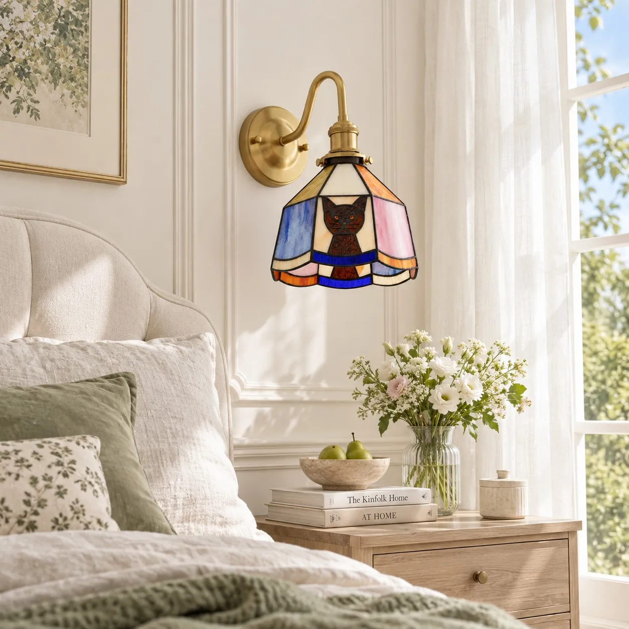 Lámpara de pared Tiffany con diseño de gato y vidrieras en un ambiente interior.