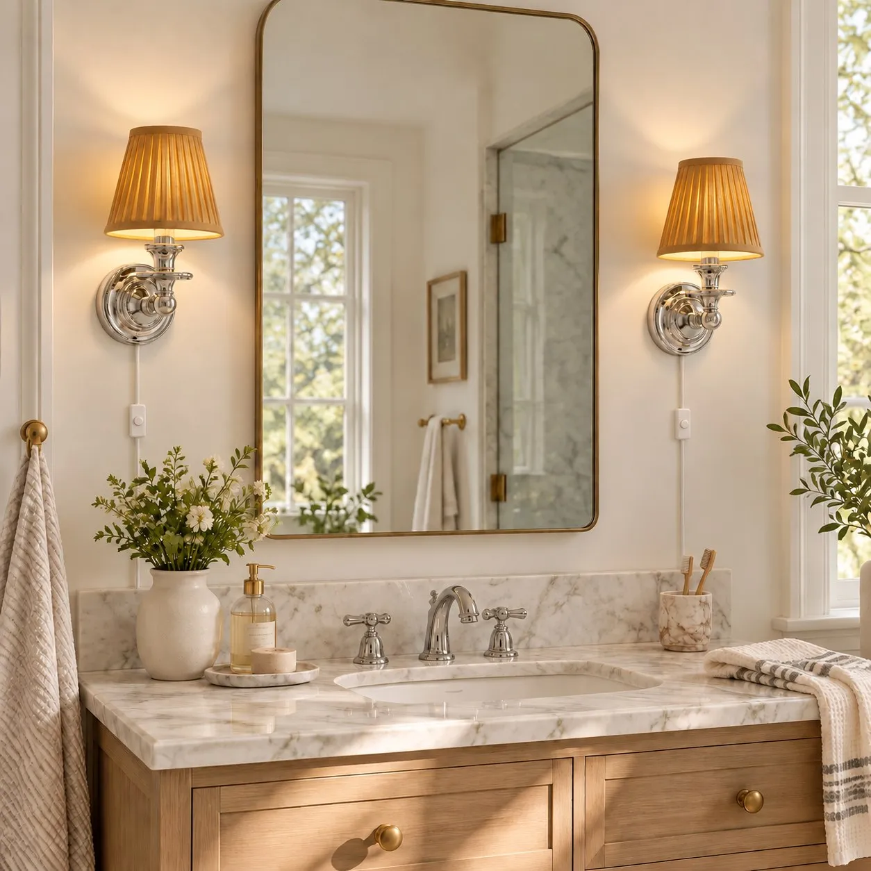 Applique da bagno con paralume plissettato color giallo senape.