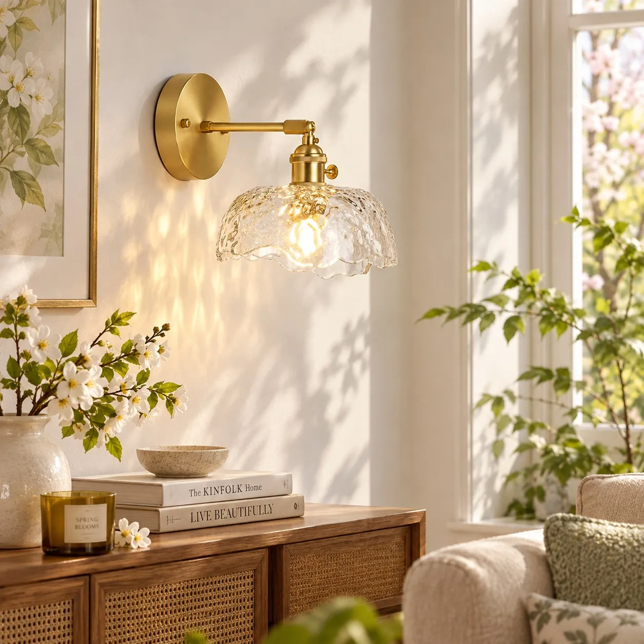 Aplique de pared nórdico de cristal texturizado ondulado en un entorno interior.