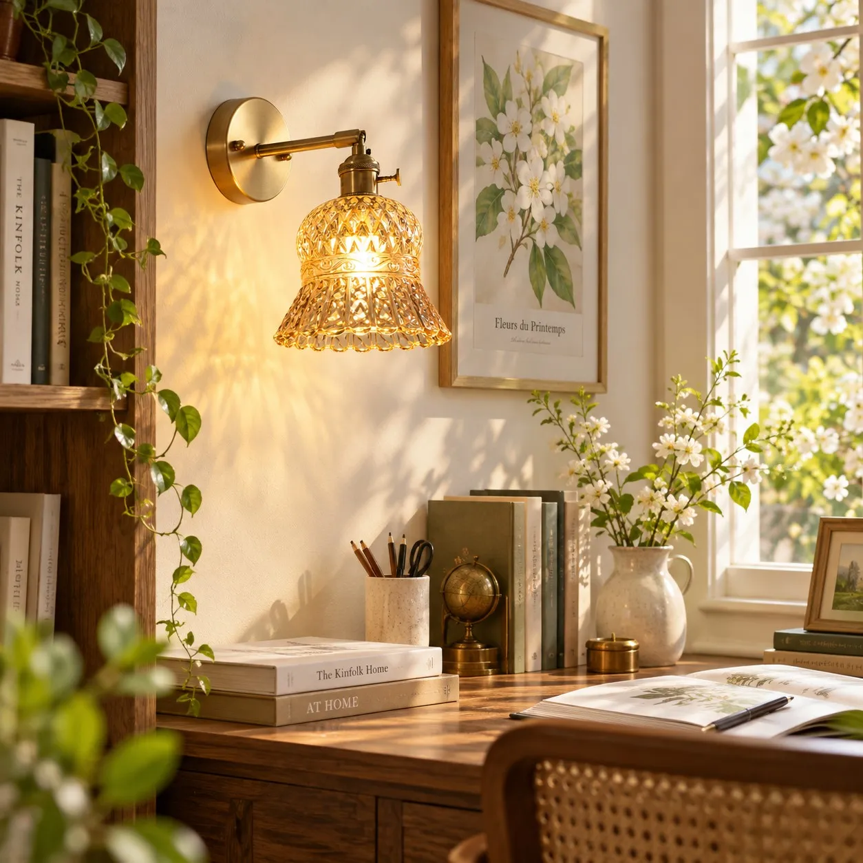 Lámpara de pared vintage de latón con forma de piña y cristal en un ambiente interior.