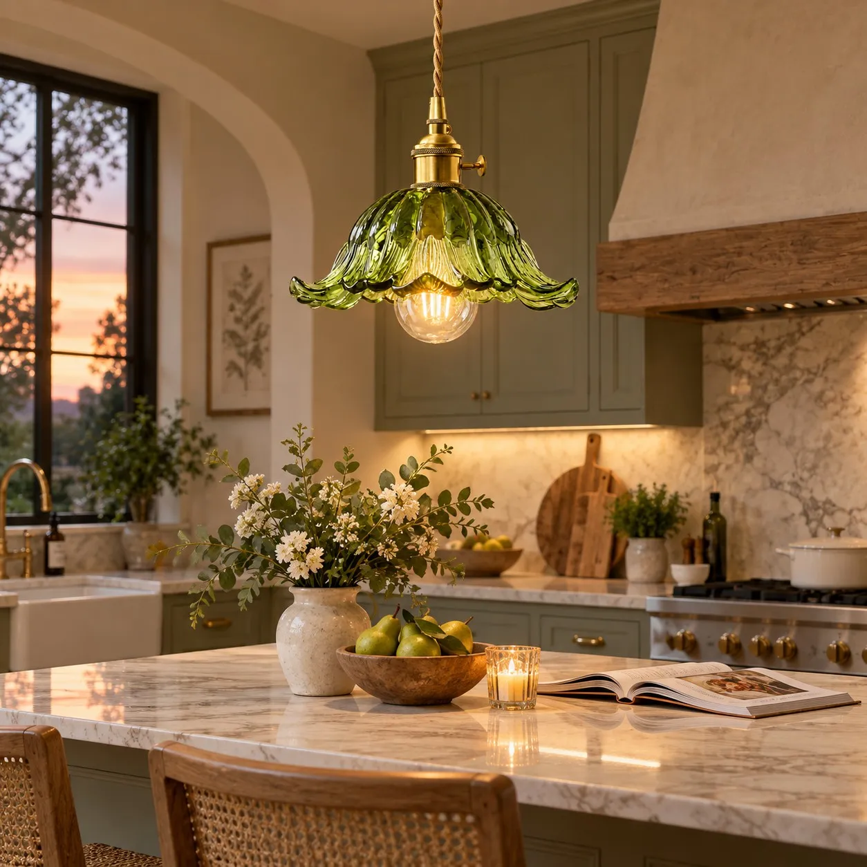 Lámpara colgante vintage de cristal con diseño de copo de nieve y rayas en un ambiente interior.