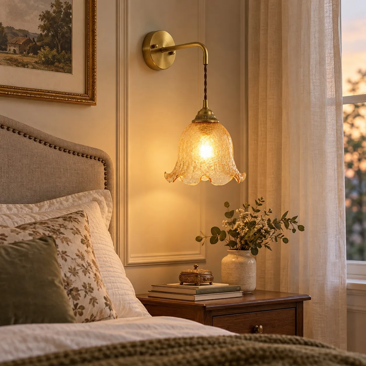 Vintage wandlamp van glas met ijsbarstenpatroon in de vorm van een bloem, in een interieur.