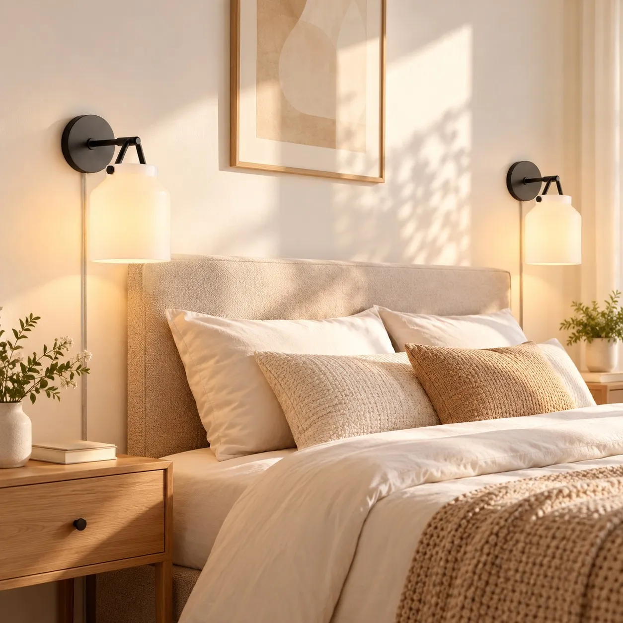 Due applique nere plug-in in vaso con paralumi smerigliati accanto a un letto