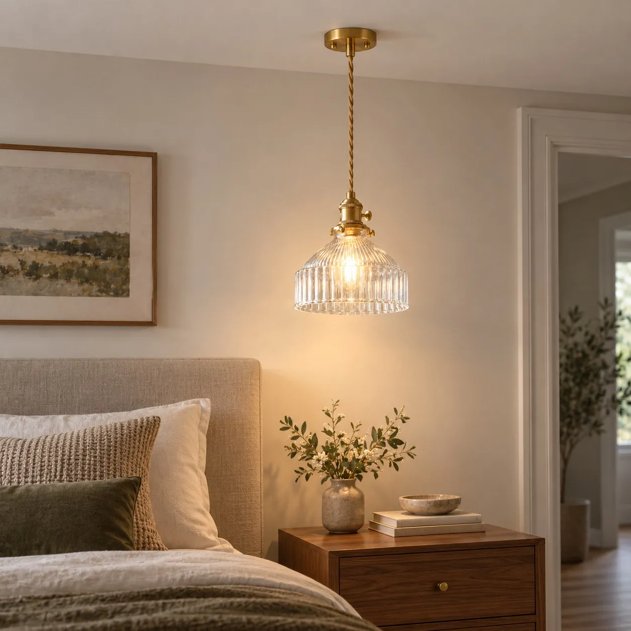 Lámpara colgante de cristal de color en un ambiente interior.