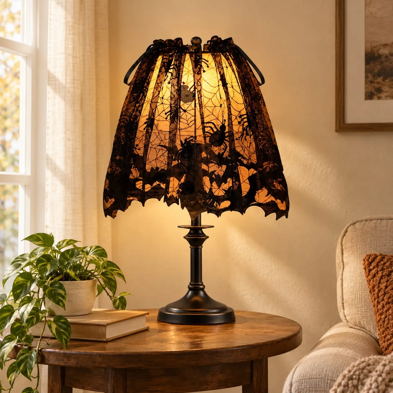 Manteles y cortinas con estampado de telarañas de Halloween en un ambiente interior.