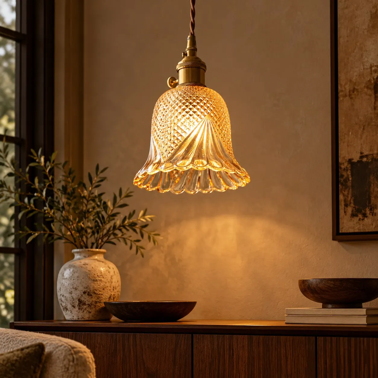 Amber diamond flower glass pendant light in a living room