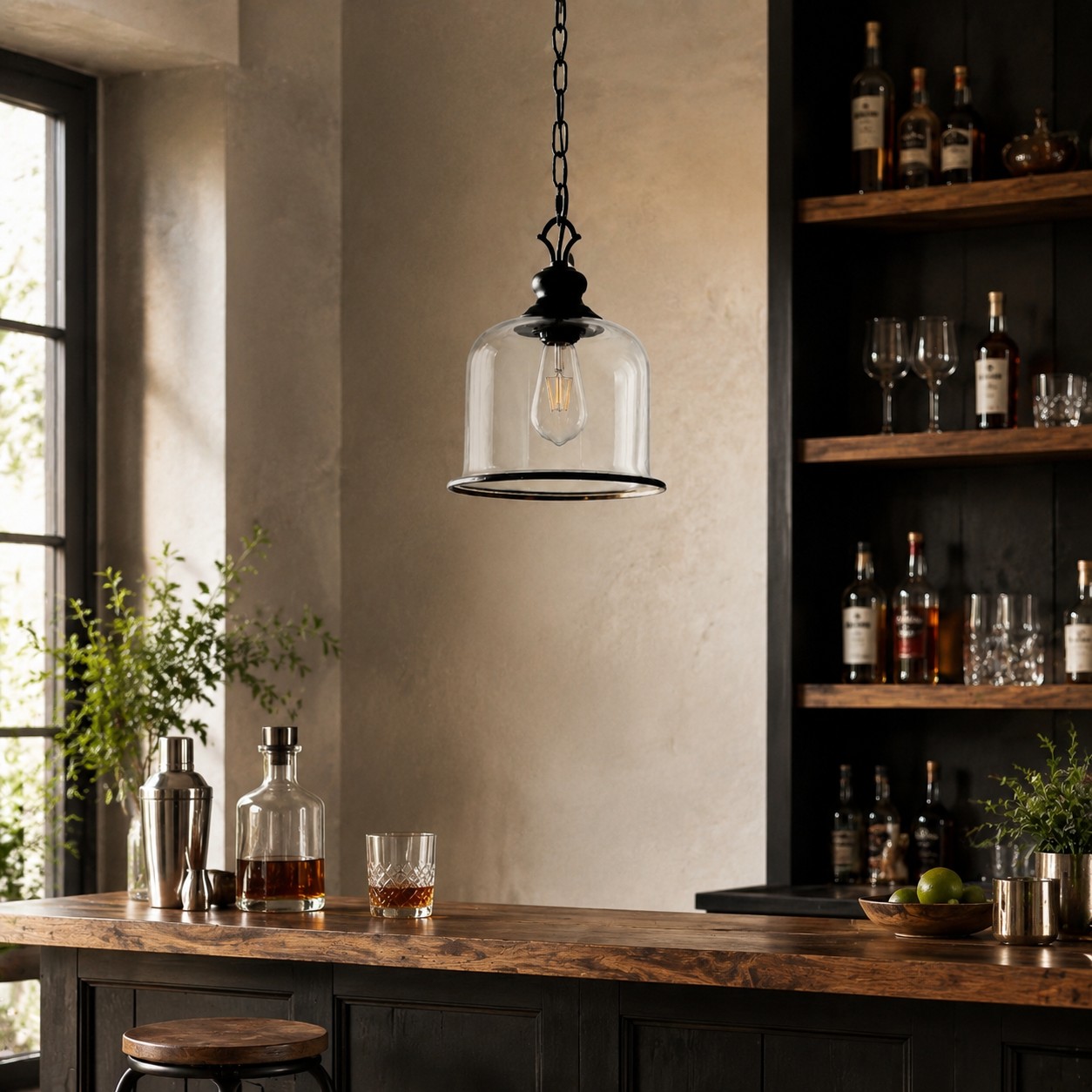 Suspension en verre transparent et métal noir au-dessus d'une table à manger