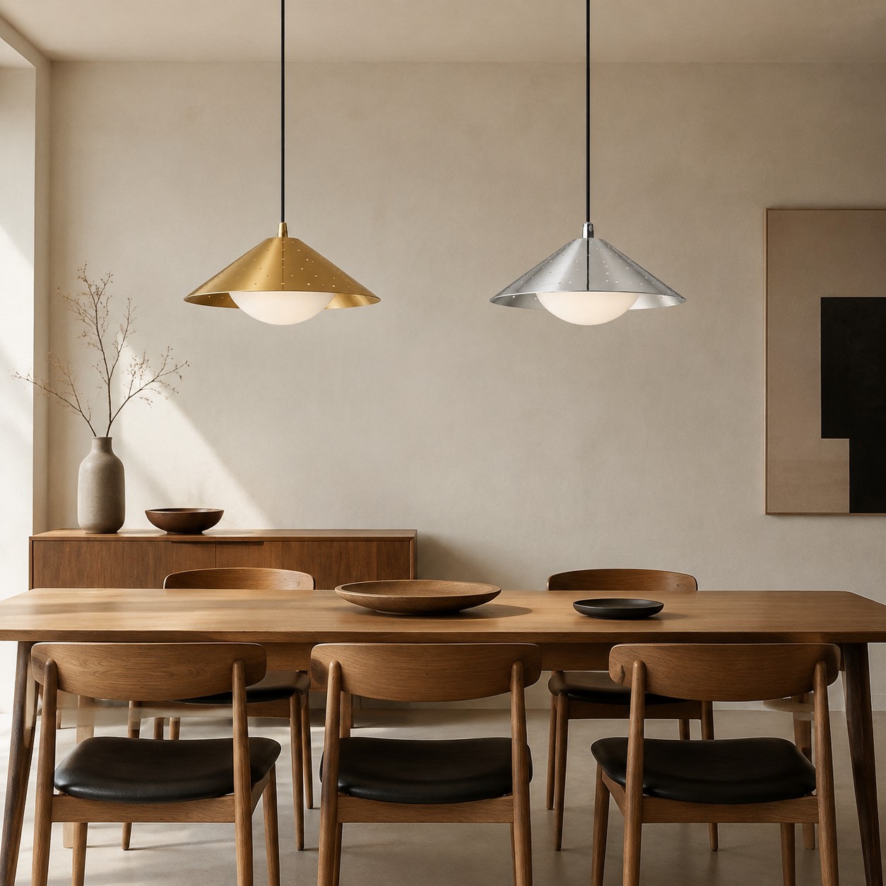 Mini lámparas colgantes con forma de ovni de latón y plata sobre una mesa de comedor.