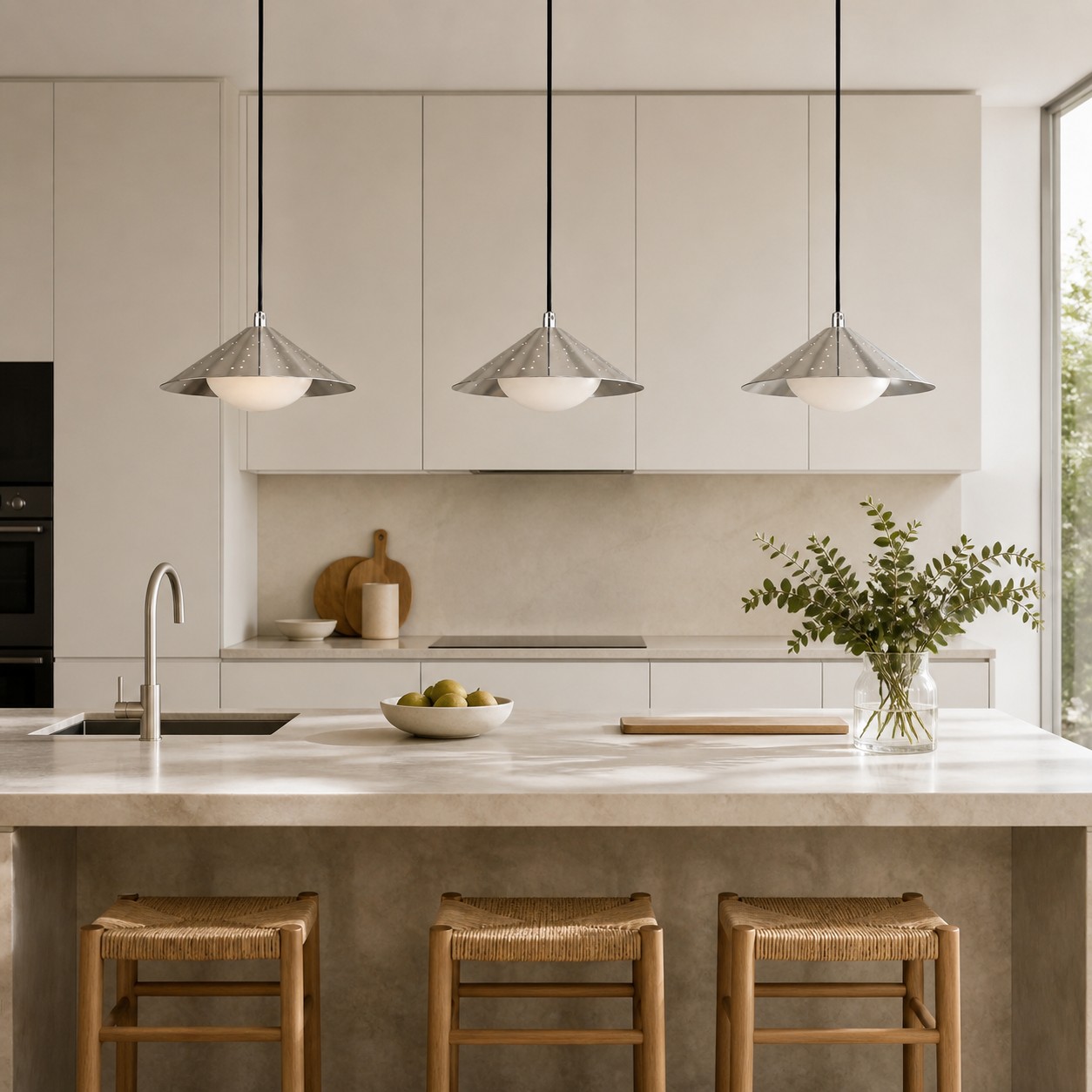 Tres mini lámparas colgantes plateadas con forma de OVNI sobre una isla de cocina.