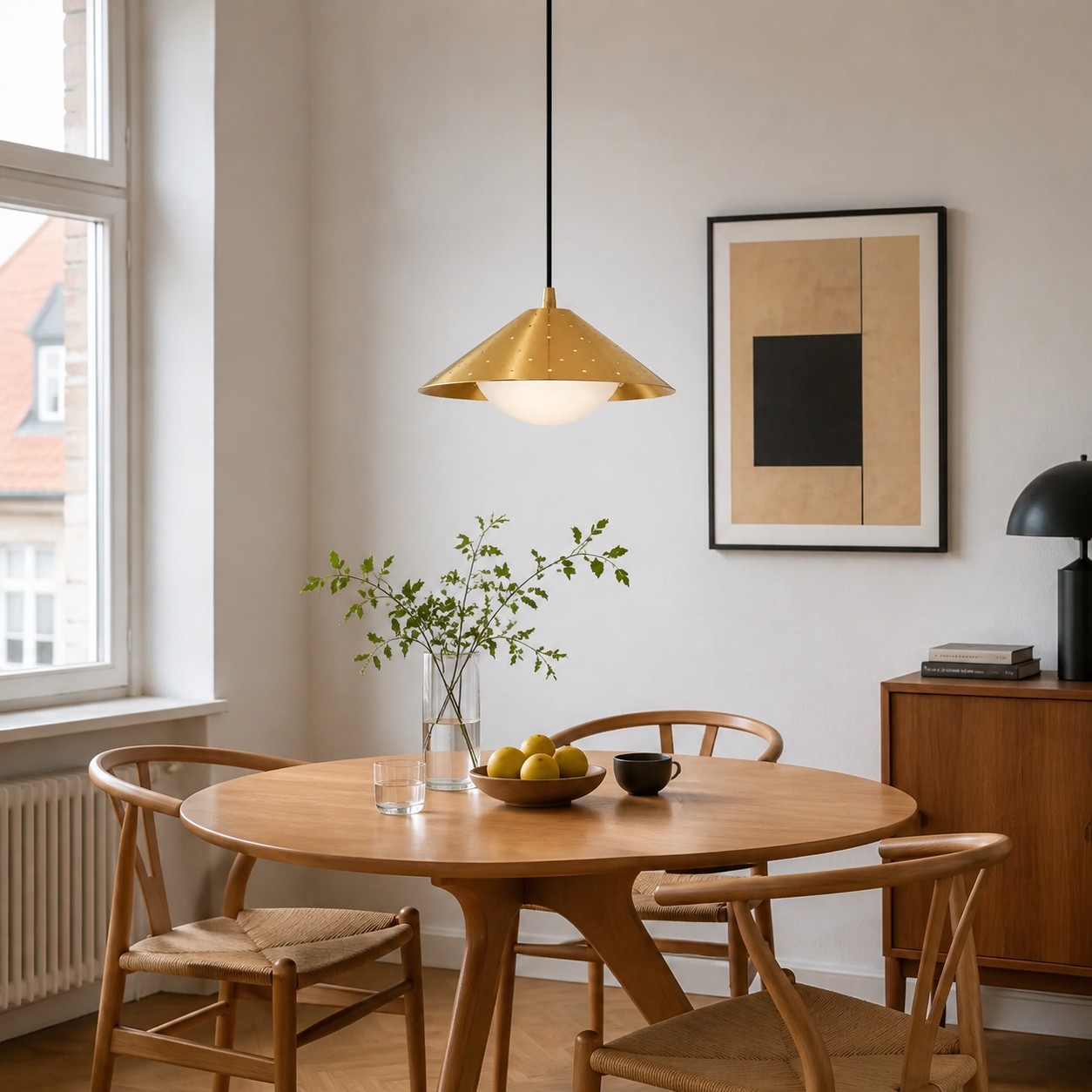 Lámpara colgante mini de latón con forma de OVNI sobre una mesa de comedor.