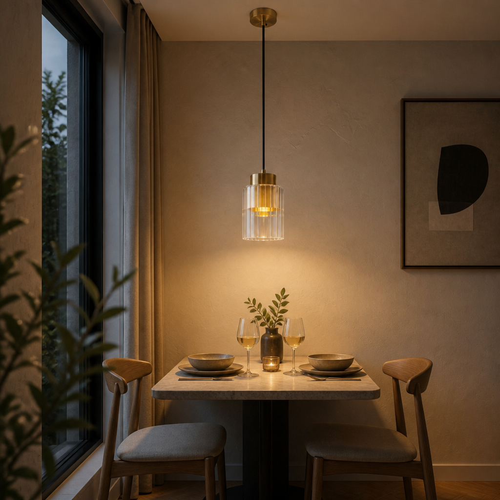 Lámpara colgante de latón y cristal acanalado sobre un pequeño rincón de comedor.
